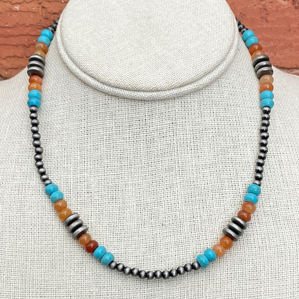 Navajo Style Pearl Necklace with Turquoise, Faux Jasper & Saucer Pearls